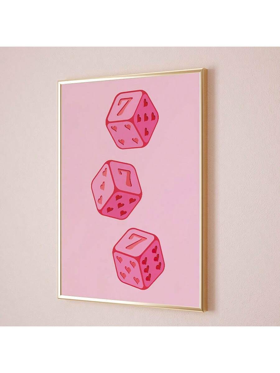 Pink lucky dice poster with heart pips and number seven