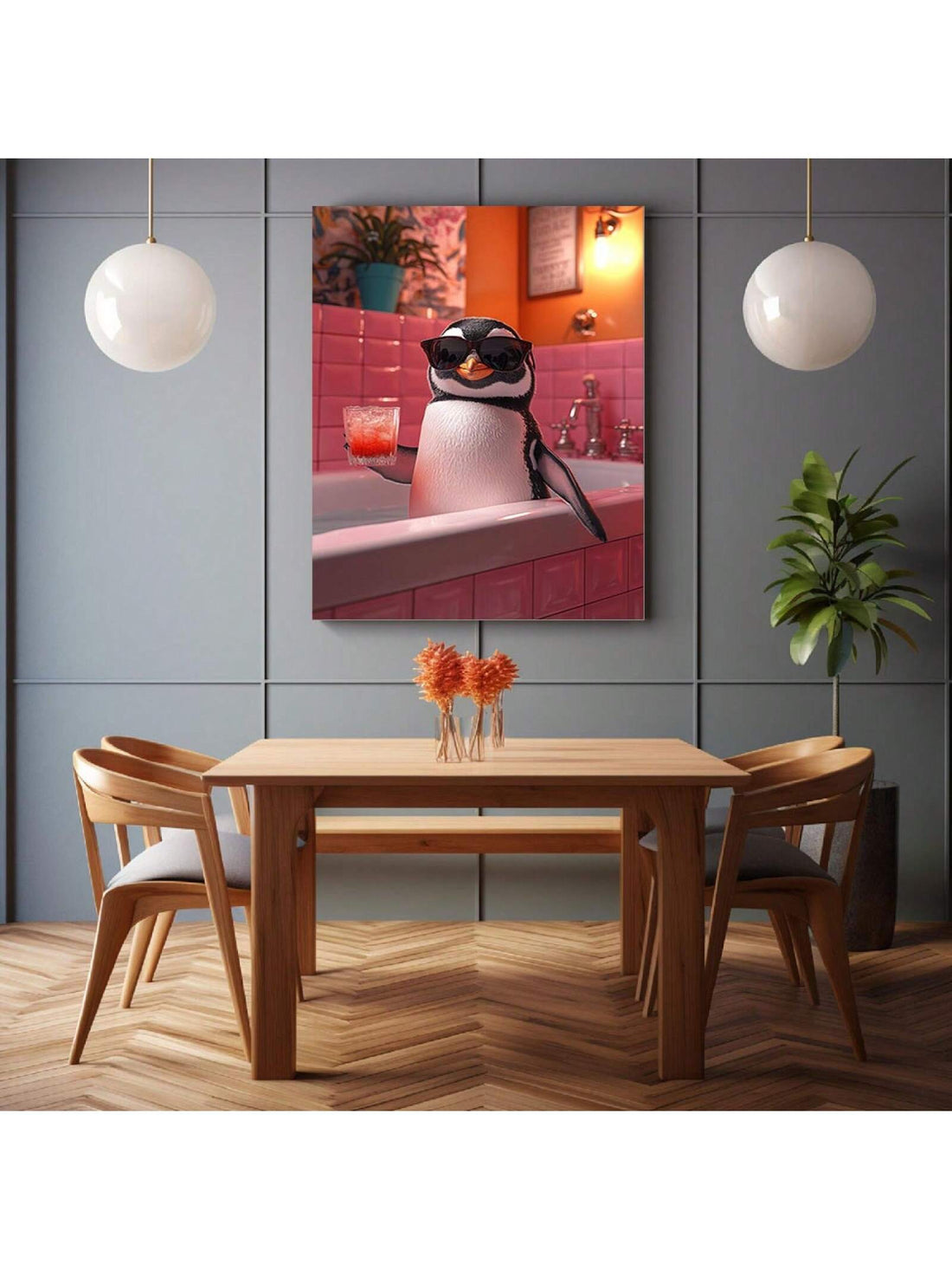 Add a touch of humor to your home decor with our Whimsical Penguin Canvas Art. This high-quality art piece features a whimsical penguin design, bringing a charming and lighthearted element to any room. Handcrafted with durable canvas, this piece is sure to add a unique and playful touch to your home.