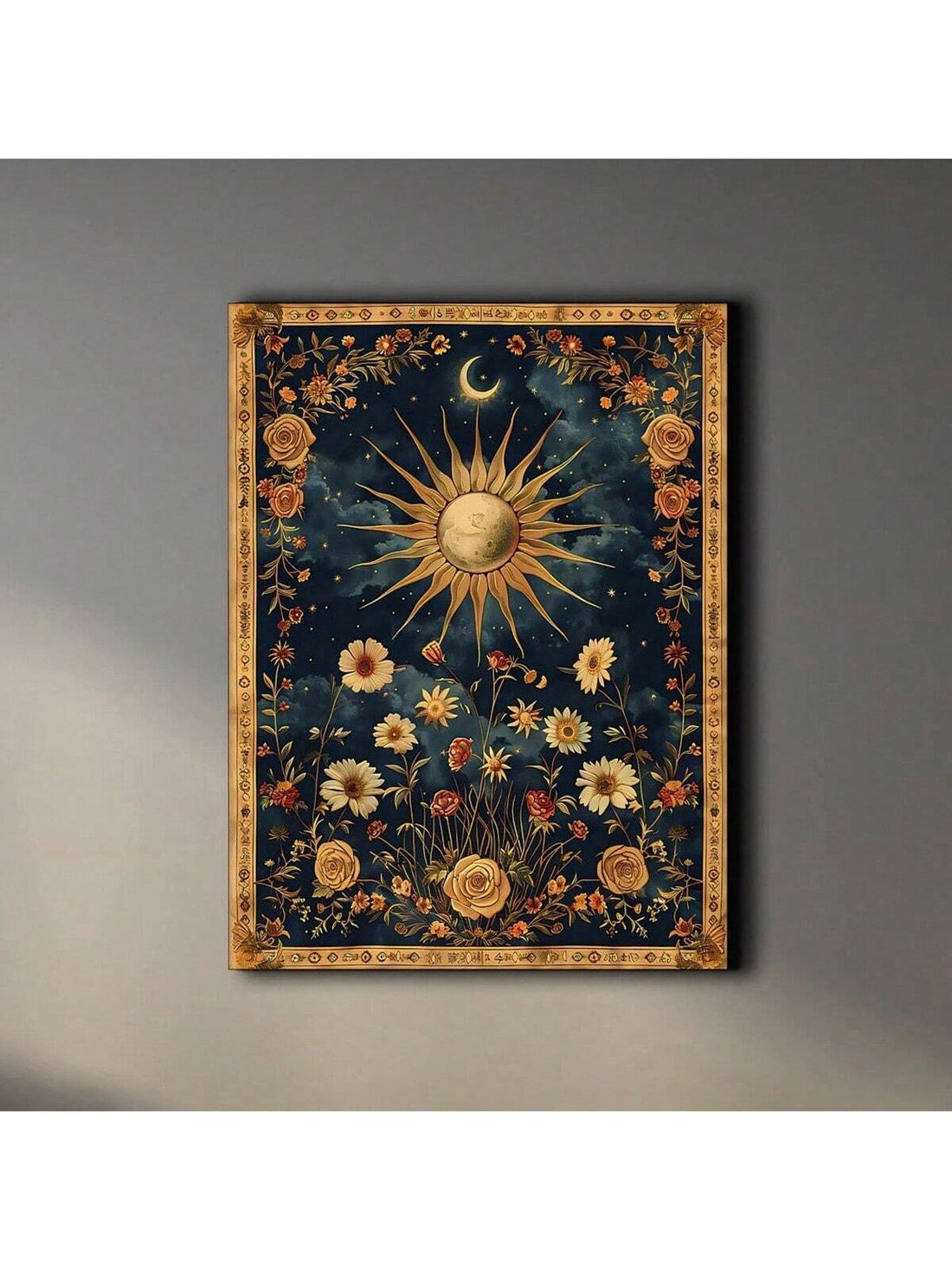 Expertly crafted for astrology lovers and boho home decor enthusiasts, the Vintage Celestial Floral Canvas Print showcases stunning sun, moon, and stars imagery that will add a touch of mystical charm to any space. Made with high-quality materials and a vintage-inspired design, this wall art is sure to elevate your interior decor.