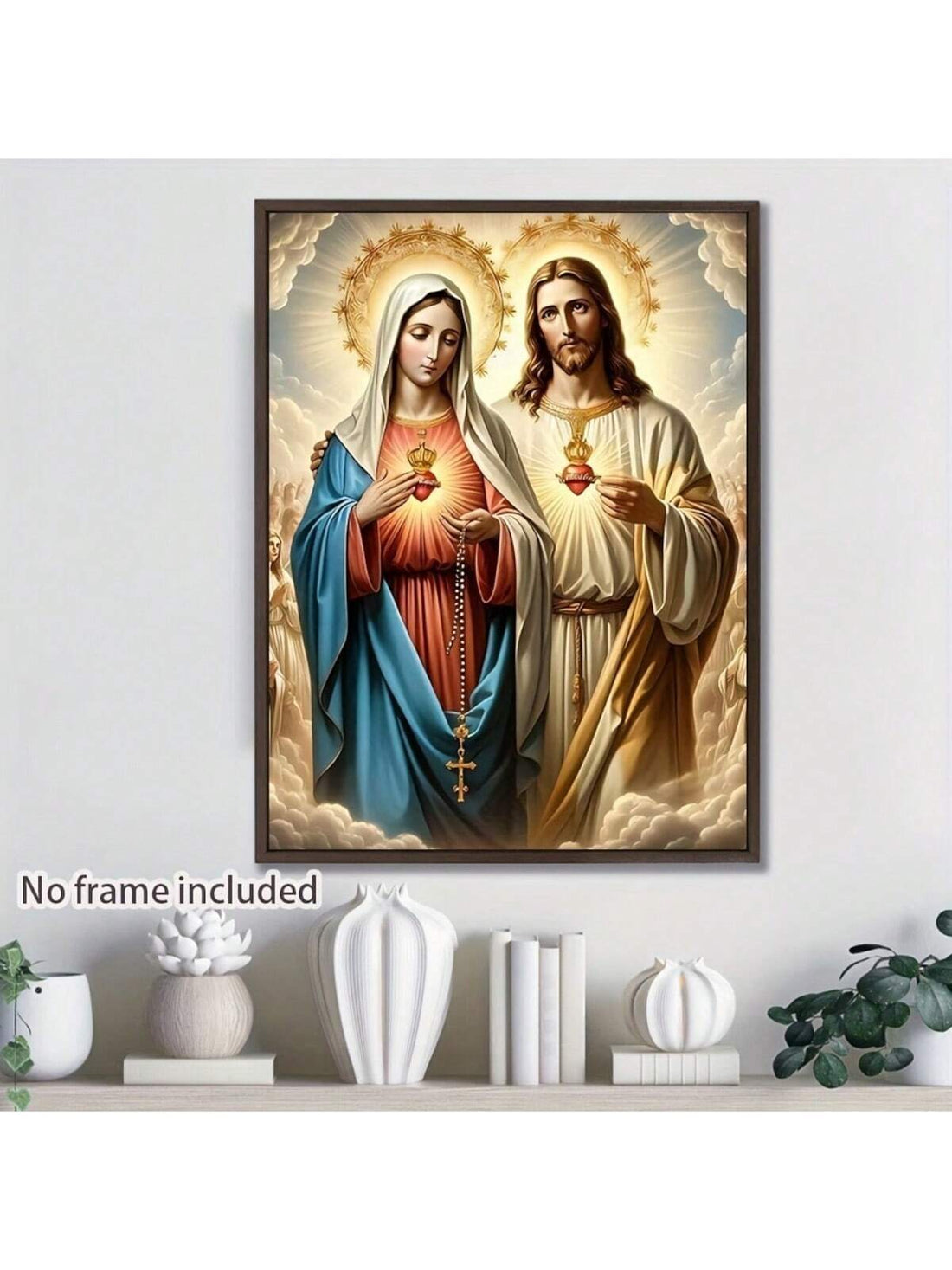 Introducing Divine Serenity, a frameless canvas art featuring the Virgin Mary and Sacred Heart. Elevate the spiritual ambience of your home with this stunning piece. Made with high-quality materials, it is the perfect addition to any home décor. Bring inspiration and serenity to your living space with Divine Serenity.