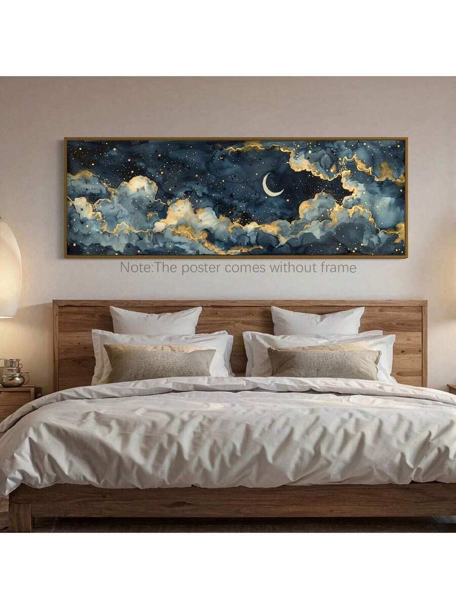 Crescent moon cloud panorama above warm wood bed