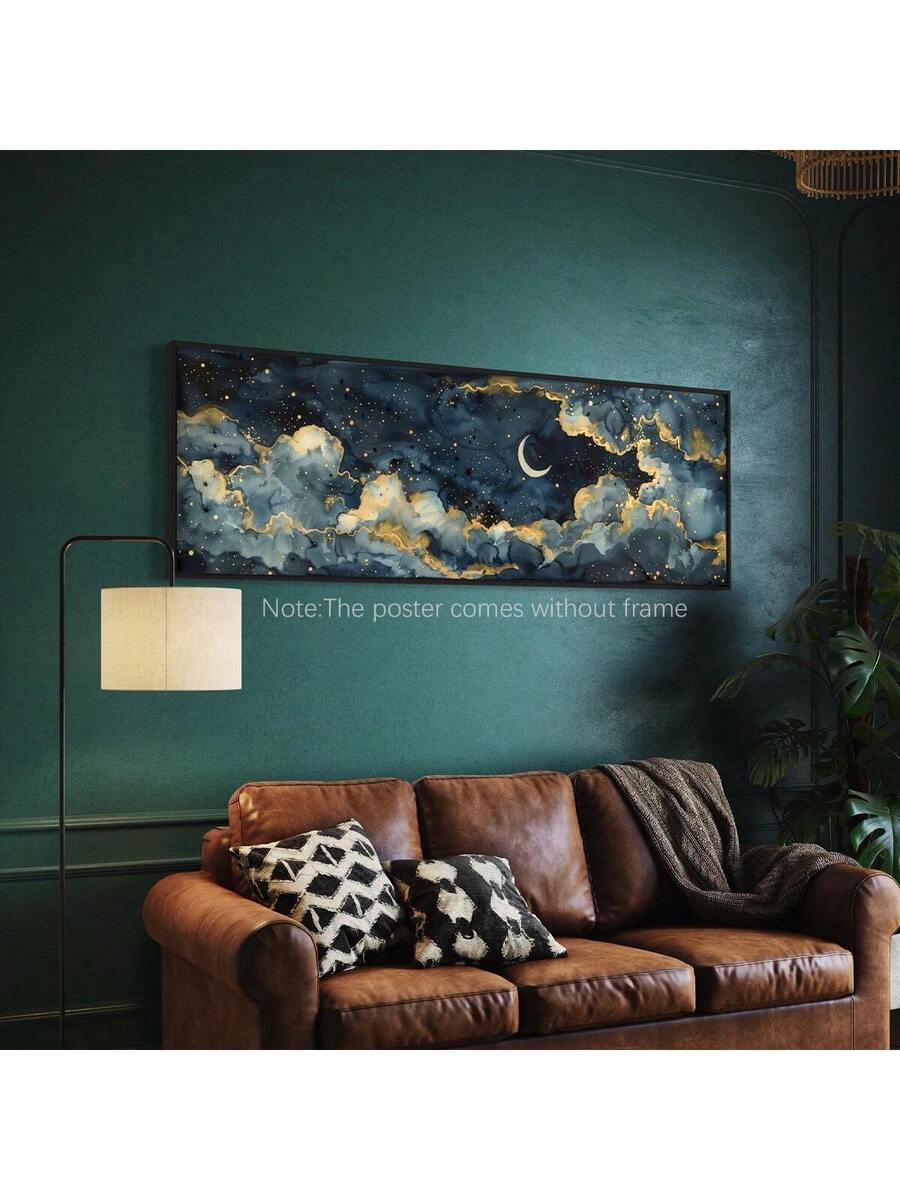 Crescent moon cloud panorama above warm wood bed