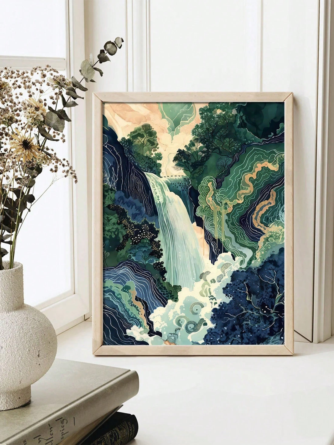 Hokusai-Inspired Japanese Waterfall Canvas Art Print | Elegant Frameless Wall Décor for Home & Office