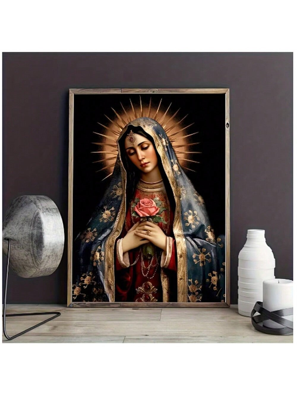 Adorn your home with Divine Grace, a self-adhesive canvas poster featuring a serene Virgin Mary surrounded by a pink rose and gold sun. Enhance your decor with this elegant and easy-to-use piece.