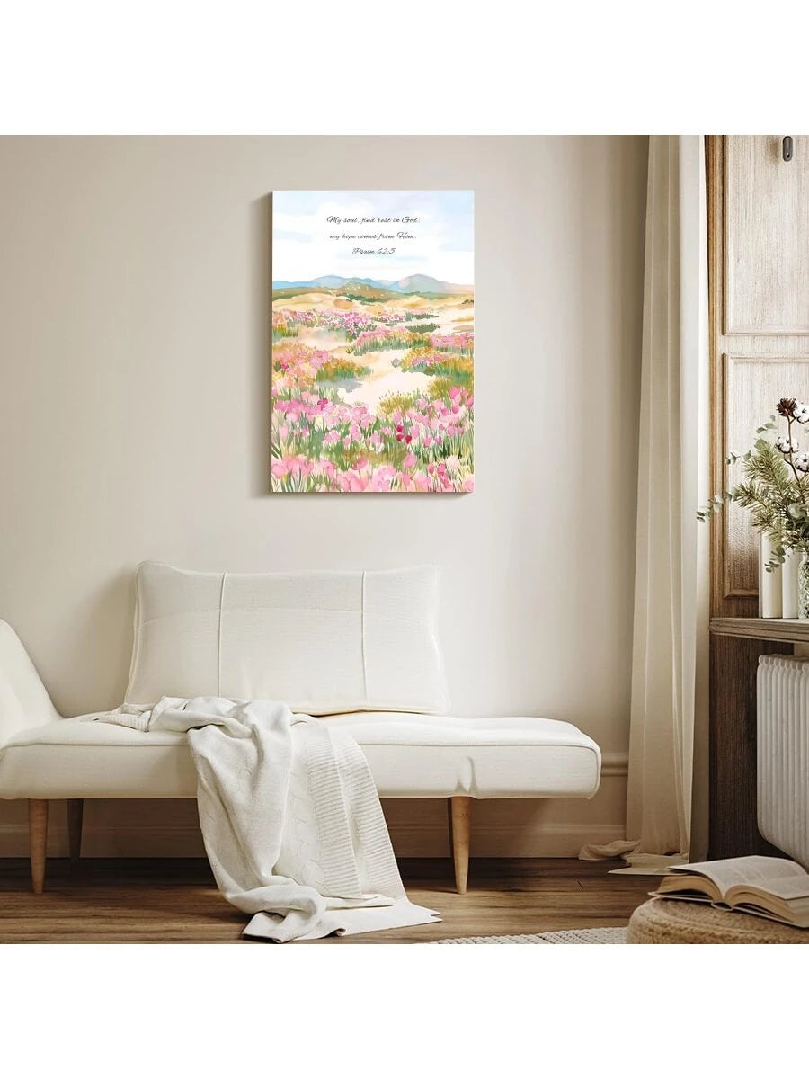Watercolor meadow Bible verse canvas displayed above white bench in soft neutral room