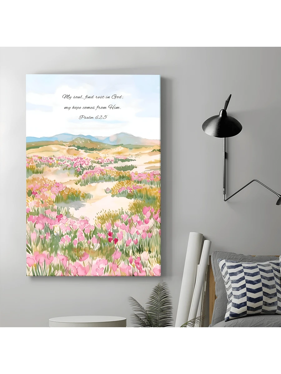 Close view of Psalm 62:5 canvas art with pink flowers hills mountains and pale blue sky