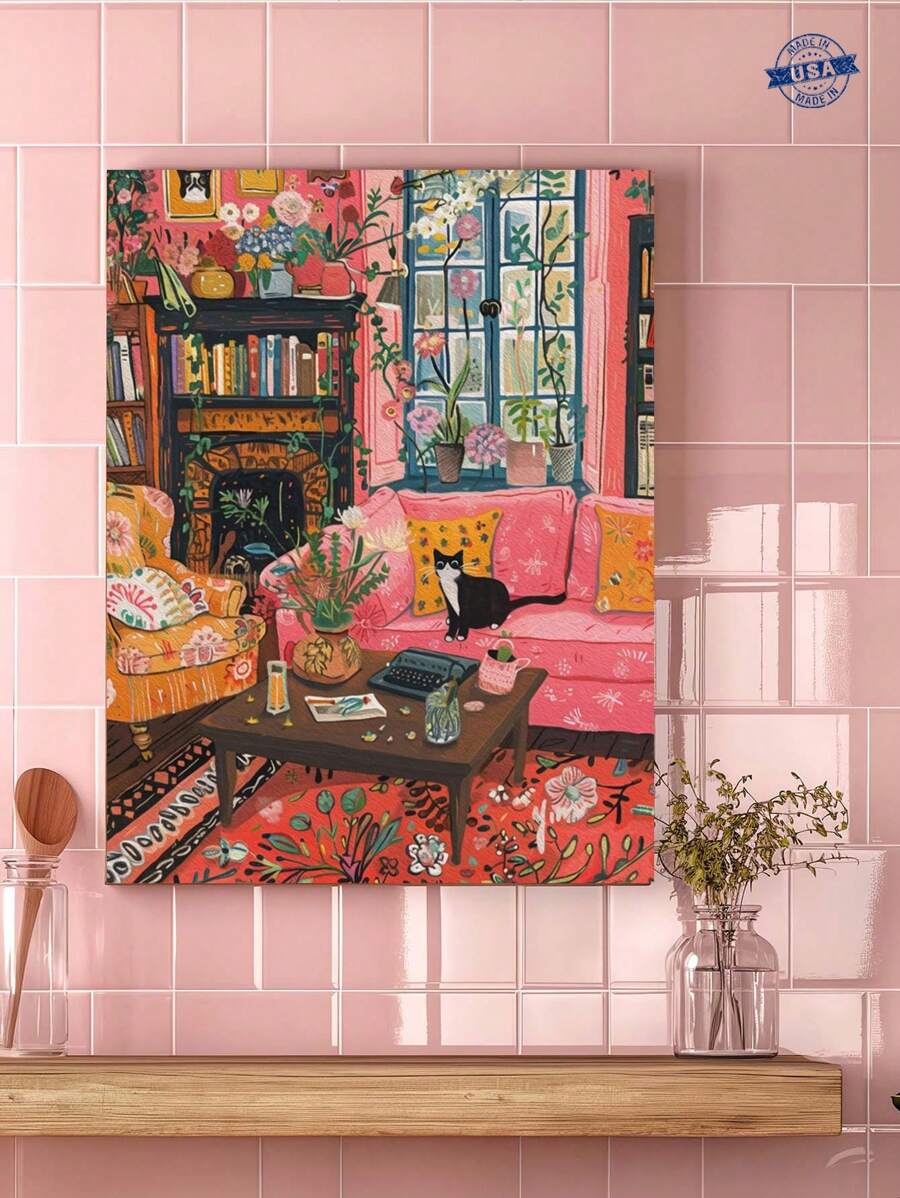 Front view of vintage black cat and sunflower canvas art for cozy home decor