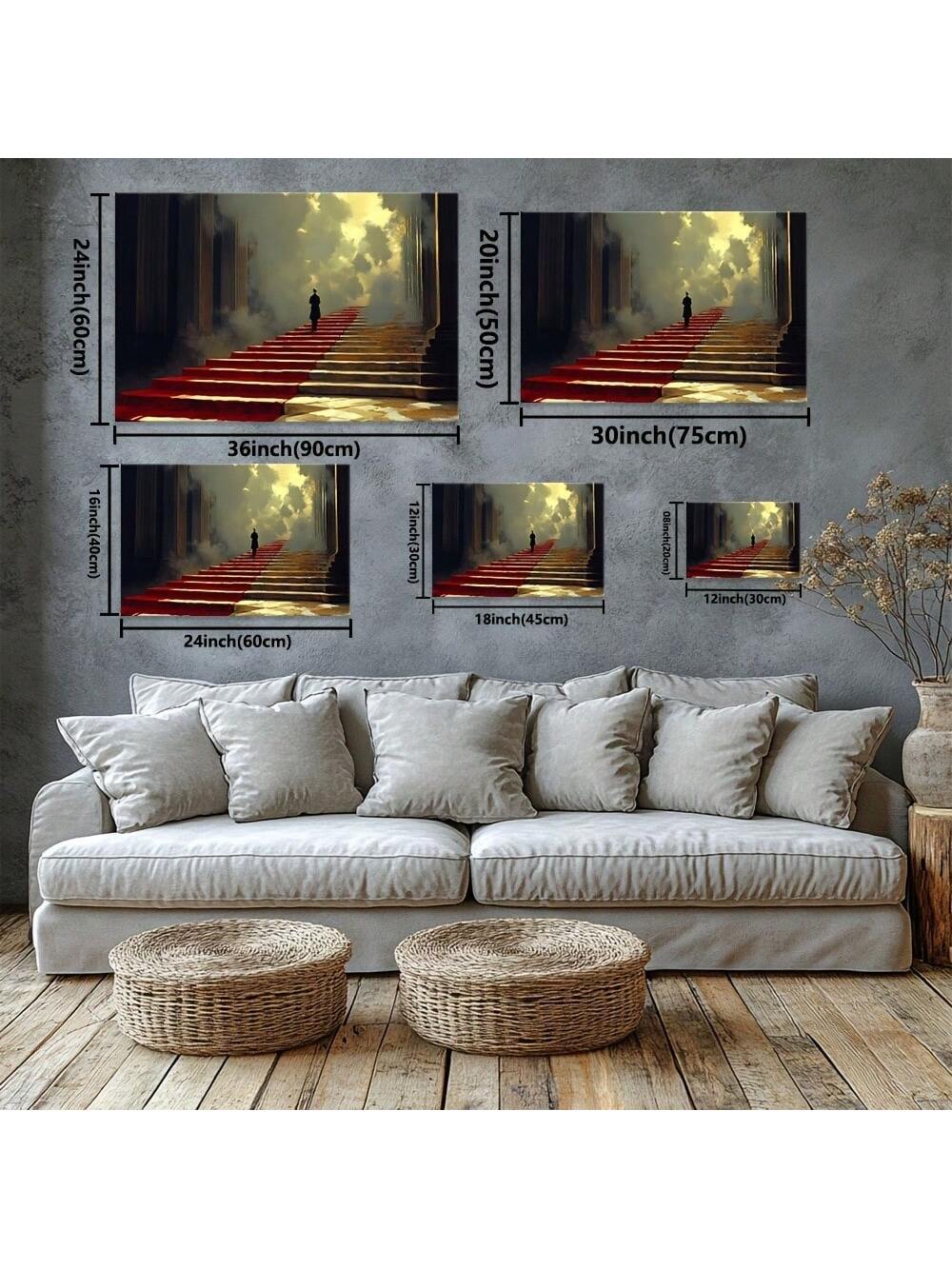 Indulge in the sophisticated beauty of "Elegant Ascendance". This large framed canvas art features a solitary figure on a red carpet staircase, adding a touch of elegance to any space. With its stunning visual impact, this piece will elevate your decor to new heights.