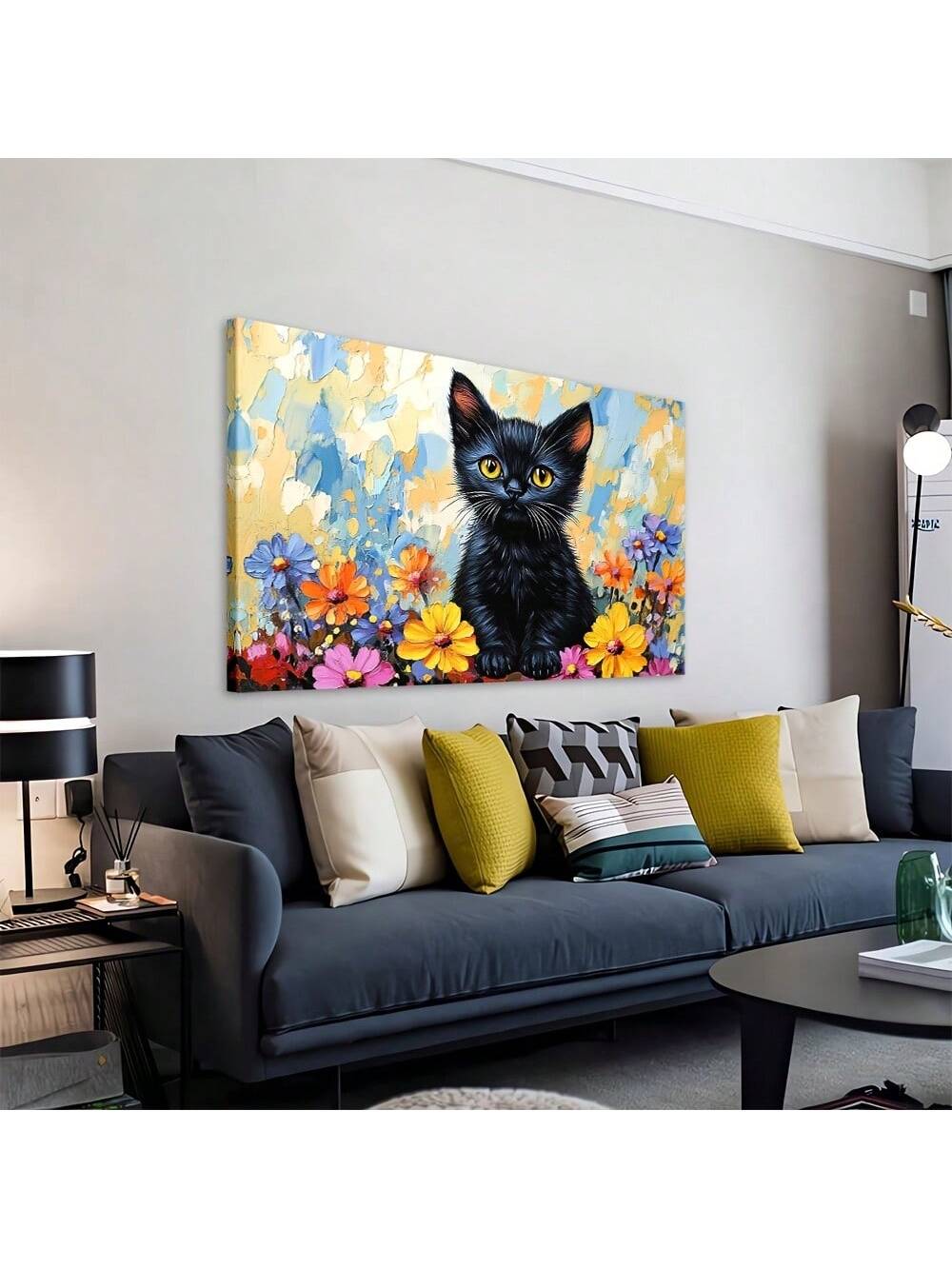 This captivating wall art features a striking black kitten with piercing yellow eyes, surrounded by delicate floral details. Add an elegant touch to any room with this stunning piece that captures the beauty of feline grace.