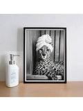 Black framed monochrome cheetah turban portrait on a bathroom counter