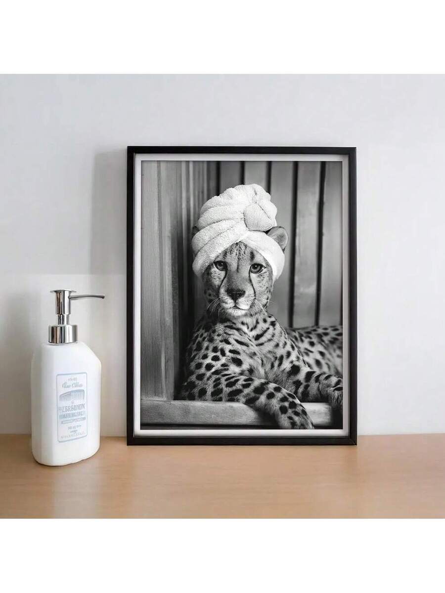 Black framed monochrome cheetah turban portrait on a bathroom counter