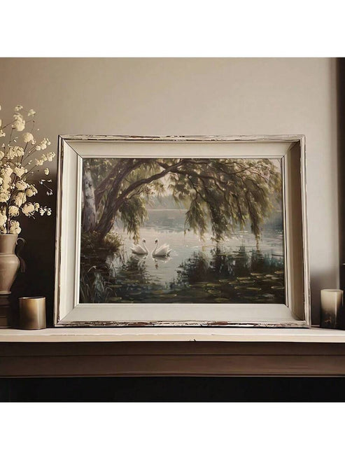 Swan lake tree rustic farmhouse landscape canvas poster