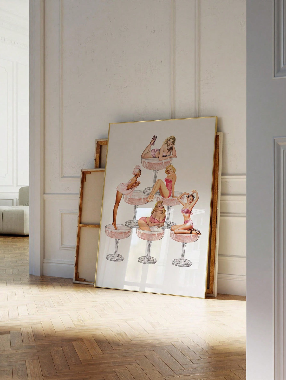 Elevate your decor with this chic pink retro cocktail wall art print. Featuring a vintage champagne bar on a canvas poster, this piece adds a touch of elegance to any room. Perfect for lovers of aesthetics, this print will enhance your space with its classic and sophisticated design.