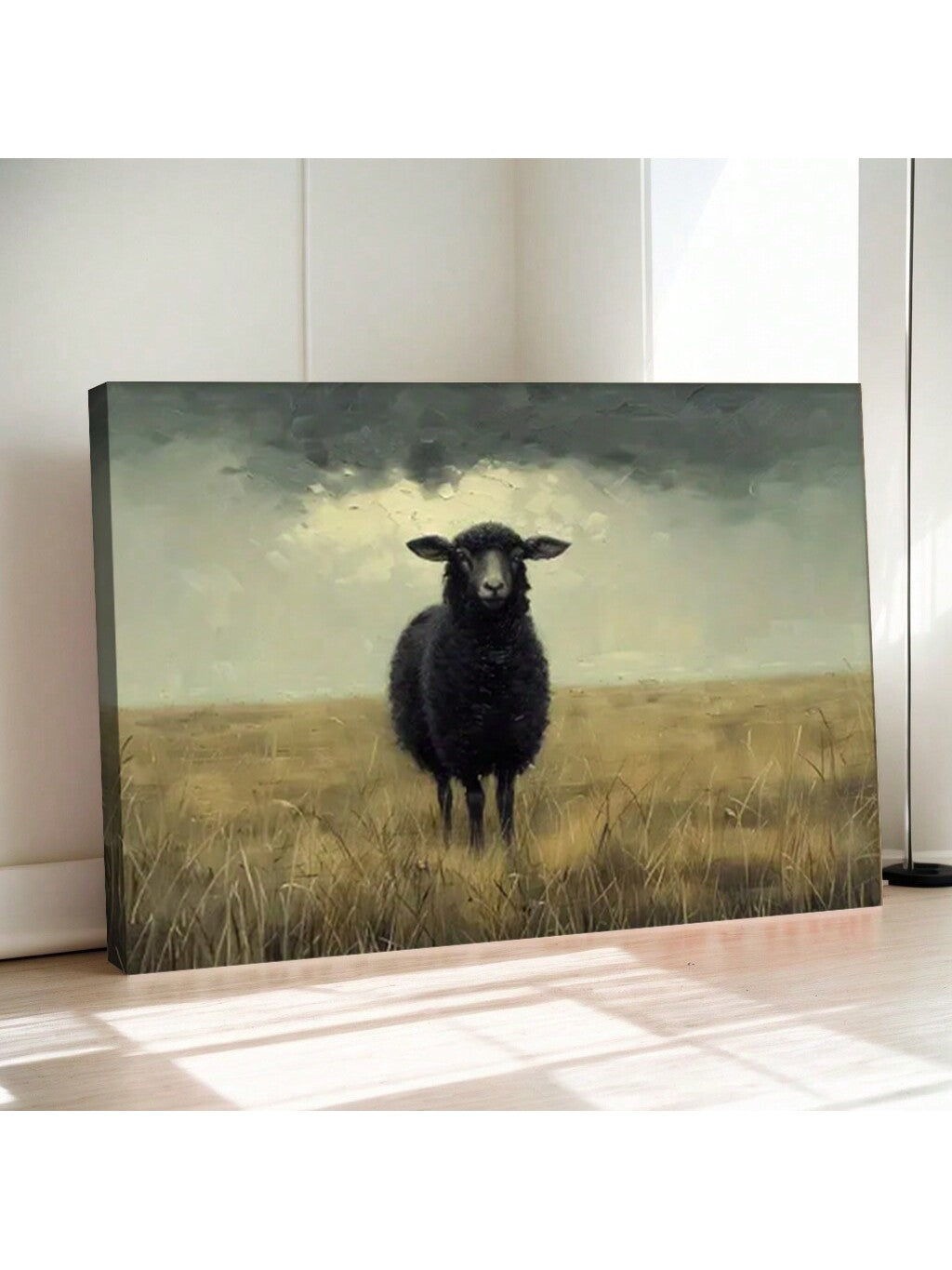 Elevate your living room's aesthetic with our Charming Vintage Black Sheep Canvas Art. The stunning golden frame adds a touch of elegance to this French Country Farmhouse decor. Perfect for any sheep lover or to add a charming touch to your home.