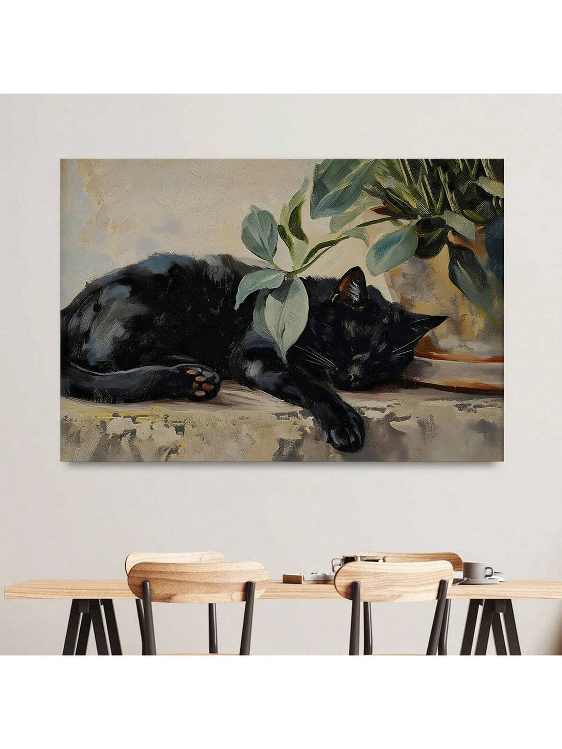 Elevate your living space with the Sleeping Cat Canvas Wall Art, featuring a serene black cat set against a rustic botanical backdrop. This piece blends natural elements with a minimalist design, making it ideal for bedrooms and living rooms seeking a calm, sophisticated atmosphere. Crafted to complement rustic and nature-inspired interiors, it adds subtle charm while enhancing your room’s tranquility.