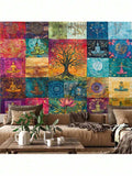 Boho tapestry displayed as large wall hanging above bedroom headboard