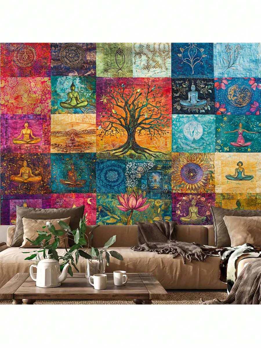 Boho tapestry displayed as large wall hanging above bedroom headboard