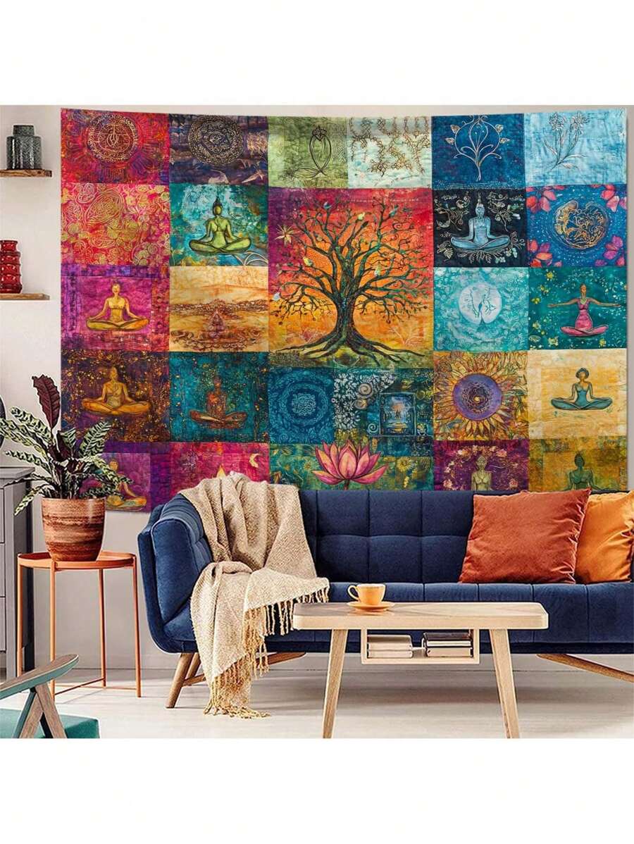 Folded printed textile detail for lightweight mandala wall tapestry