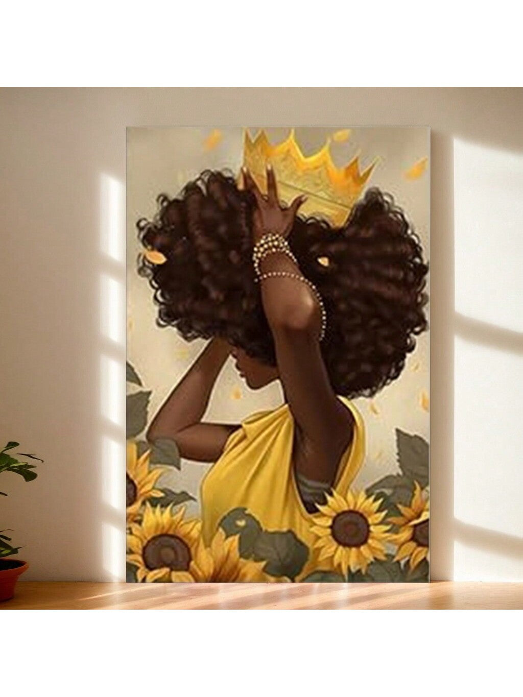 Elevate your bedroom ambiance with this Stunning Black Queen Canvas Wall Art, featuring a vibrant yellow sunflower portrait. This expertly crafted piece combines bold colors and elegant design to create a striking focal point that enhances any space. Perfect for adding warmth and sophistication, it celebrates beauty and strength while complementing modern decor styles. Durable and ready to hang, this canvas art transforms your room with effortless style.