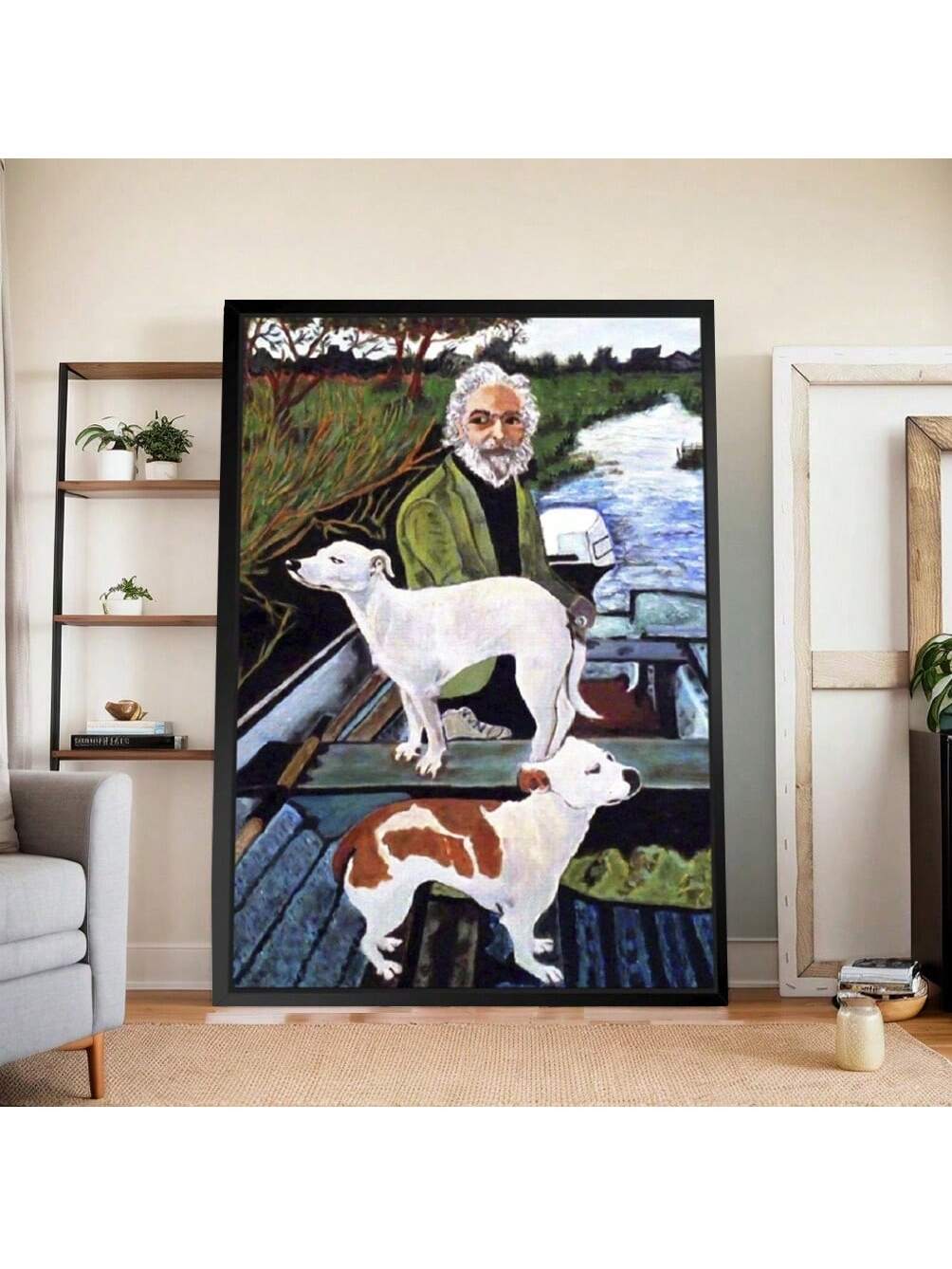 This framed movie poster features a scenic motorboat art of a man in a boat with his dogs, enclosed in a sleek black wood frame. A perfect addition to any room, this poster adds a touch of adventure and elegance to your home decor.