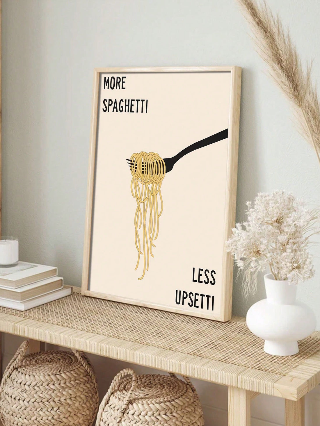 Bring lighthearted charm to any room with this whimsical canvas poster featuring the playful motto "More Spaghetti Less Upsetti." Perfect for kitchens, dining areas, or creative spaces, this illustration combines humor with contemporary design sensibilities.