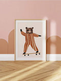 Nursery wall art showing skateboarding bear with cream background and cheerful kid friendly mood