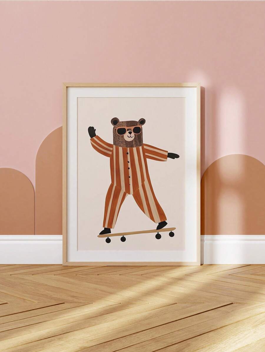 Nursery wall art showing skateboarding bear with cream background and cheerful kid friendly mood