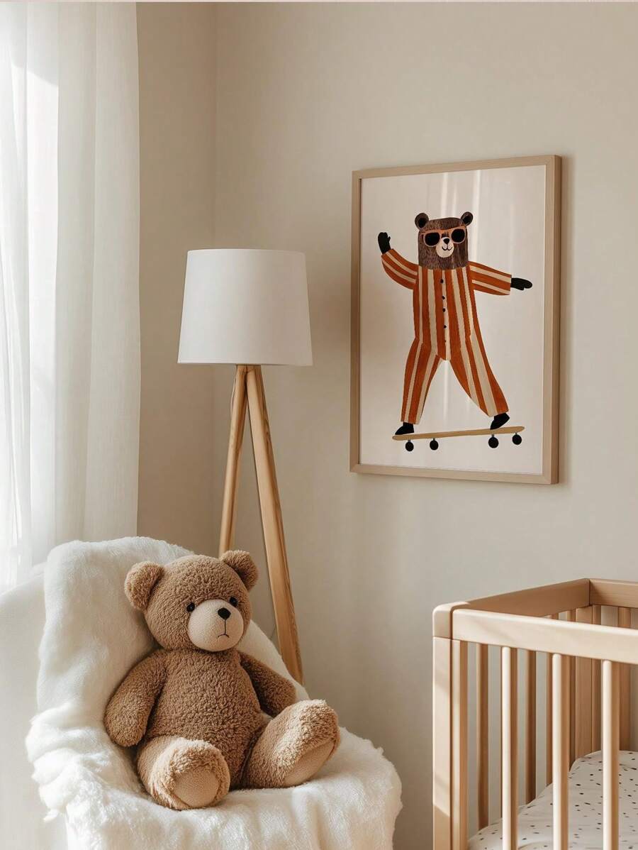 Toddler room decor print with brown bear skateboard striped clothes and modern playful style