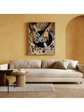 Beige living room mockup with unframed vinyl record and leopard print canvas art above sofa
