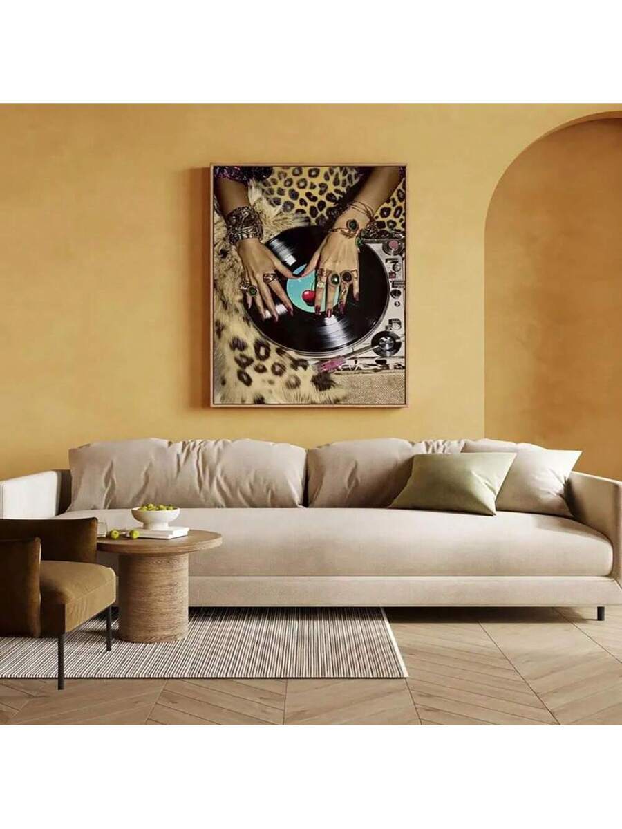 Beige living room mockup with unframed vinyl record and leopard print canvas art above sofa