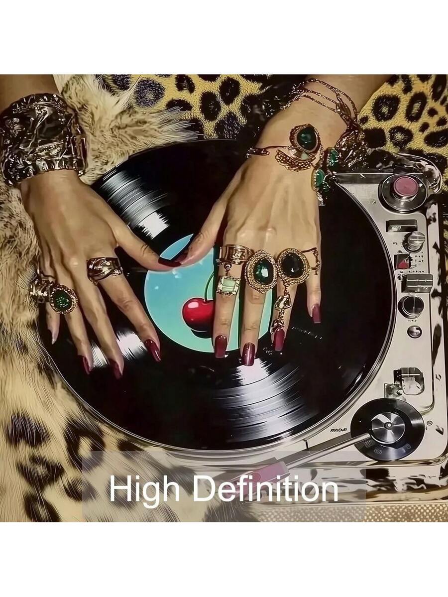 Close-up of canvas artwork showing jeweled hands on black vinyl record over turntable and leopard print