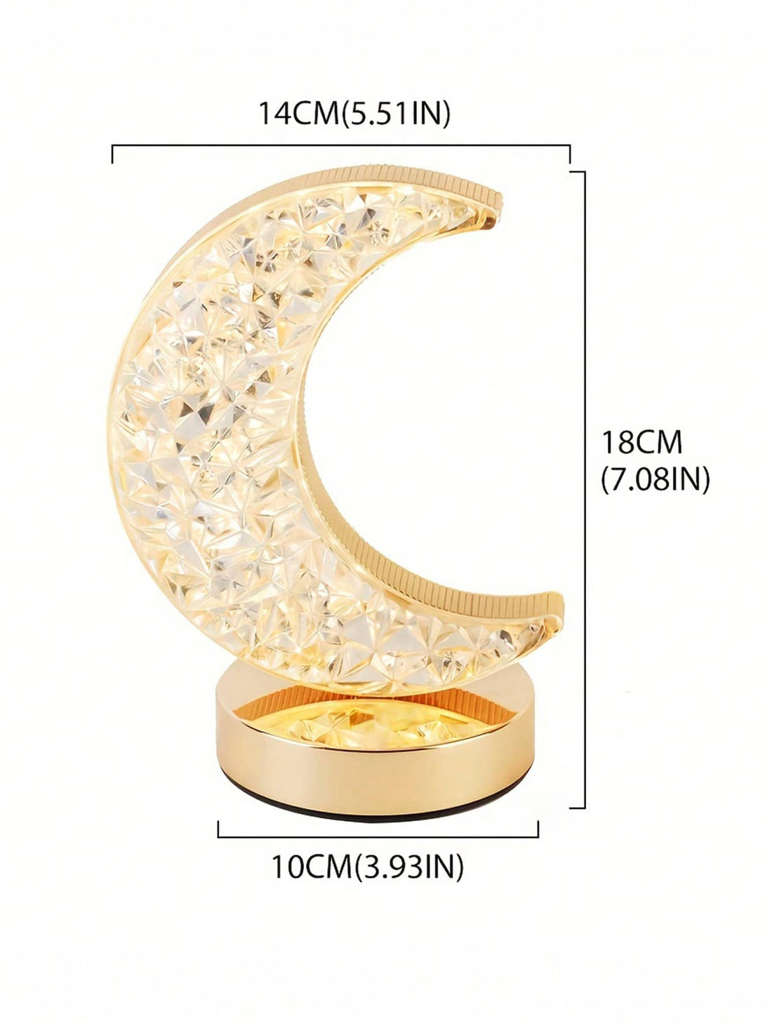 LED crystal crescent moon lamp glowing warm yellow on wooden desk with gold base.
