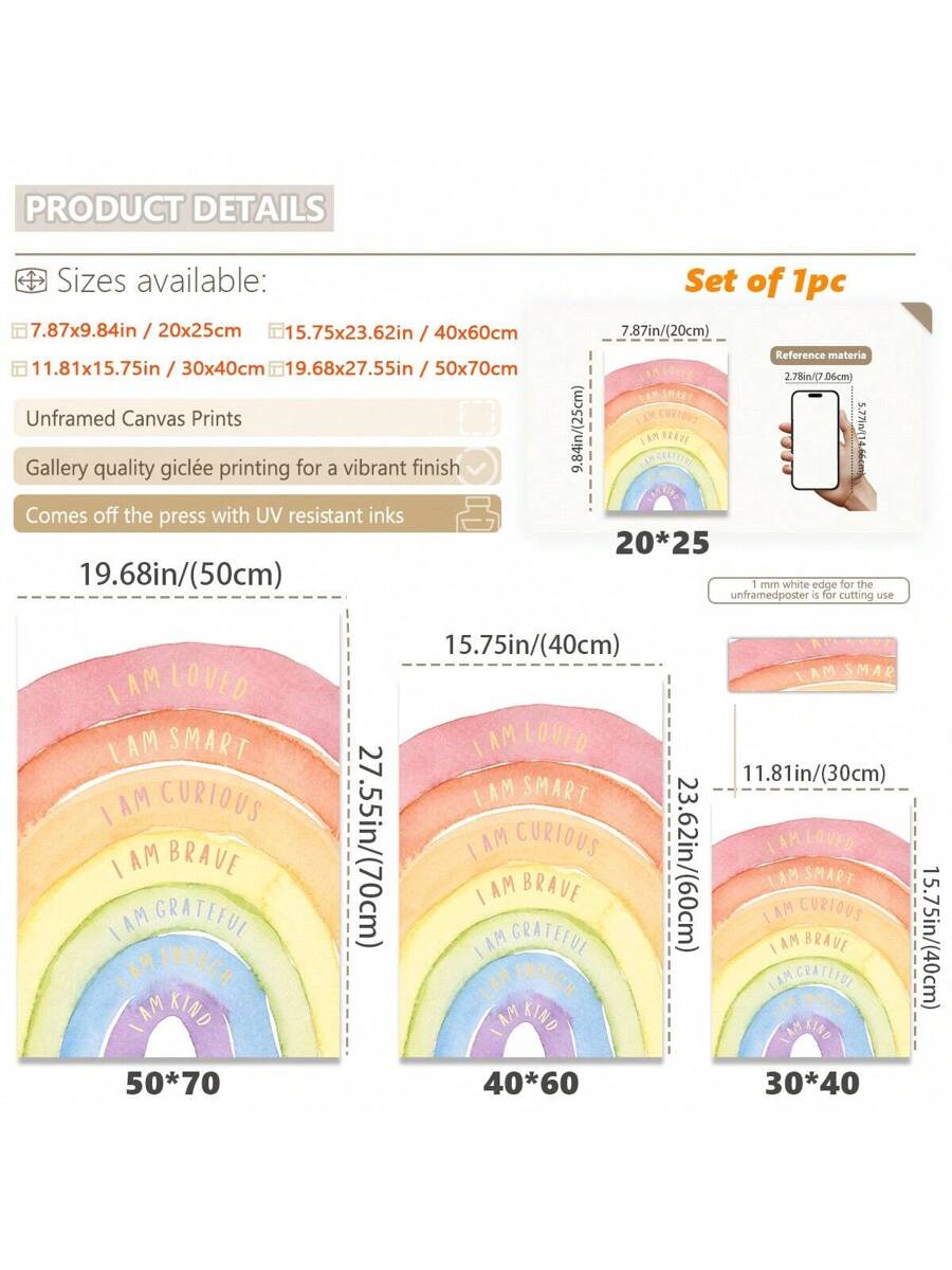 Create a positive atmosphere in your home or office with our Motivational Rainbow Watercolor Canvas Wall Art. Featuring beautiful watercolor designs and uplifting affirmations, this piece provides a daily reminder to stay motivated and focused. Perfect for any room and a great way to add color to your space.