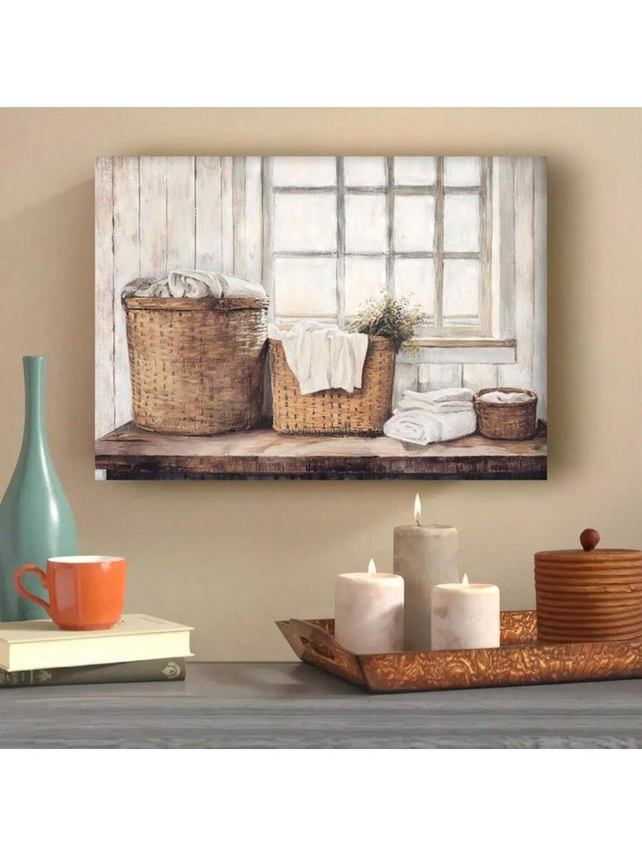 Bring rustic charm into your space with this vintage farmhouse laundry basket canvas wall art. Featuring a multicolor graphic design with botanical and textured elements, this piece perfectly captures country cottage aesthetics. Crafted on durable canvas with a modern twist, it's ideal for dining rooms, bedrooms, or home offices. The waterproof material ensures lasting beauty, while the removable design offers flexible decorating options. Transform any room with this versatile hanging painting that blends t