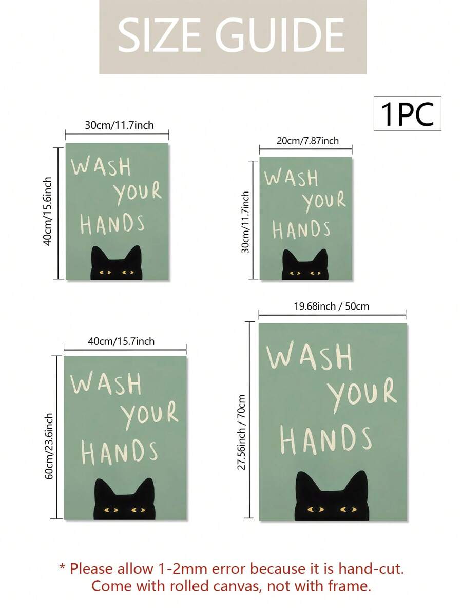 WASH YOUR HANDS cat wall art above a white console on herringbone floor