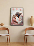 Black framed Jesus and child prayer print displayed on beige wall shelf between chairs