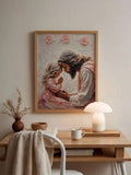 Wood framed Christian prayer wall art above desk with lamp mug dried stems and neutral room decor