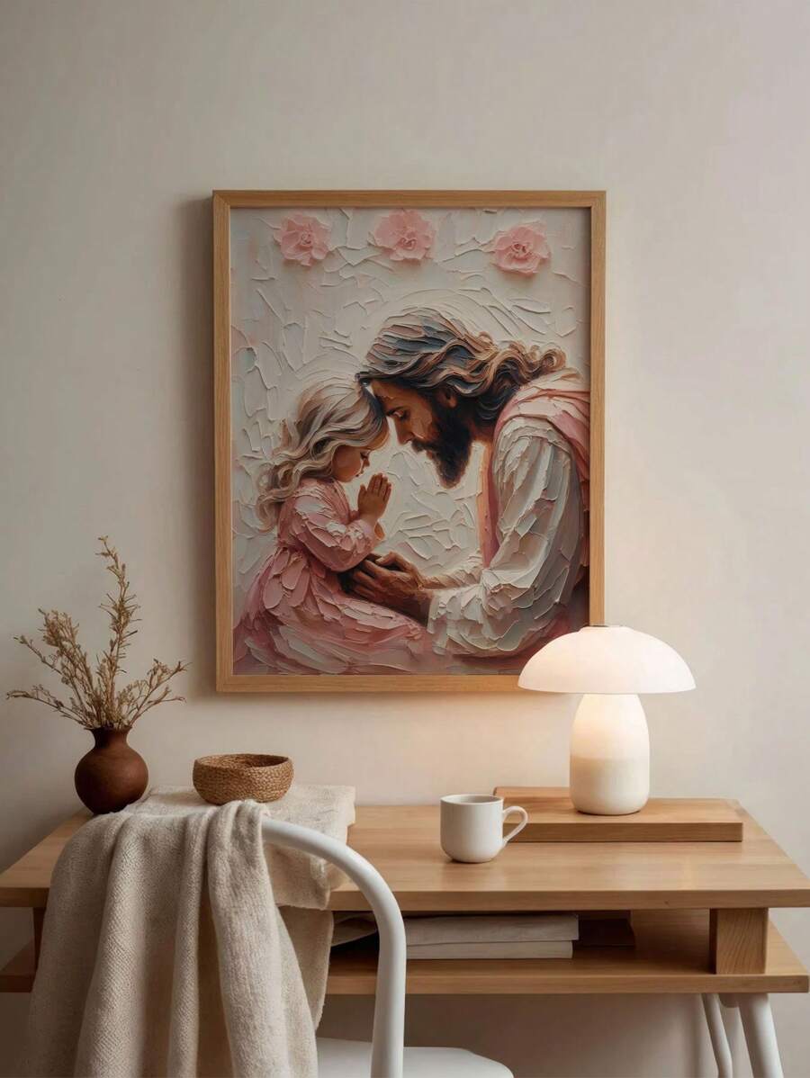 Wood framed Christian prayer wall art above desk with lamp mug dried stems and neutral room decor