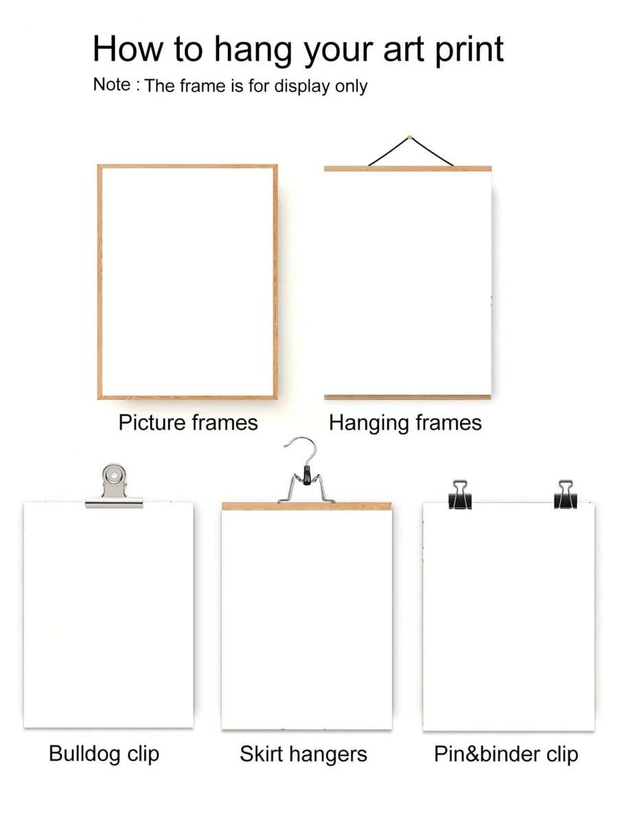 Hanging guide graphic showing picture frames hanging frames bulldog clip skirt hanger pin and binder clip options