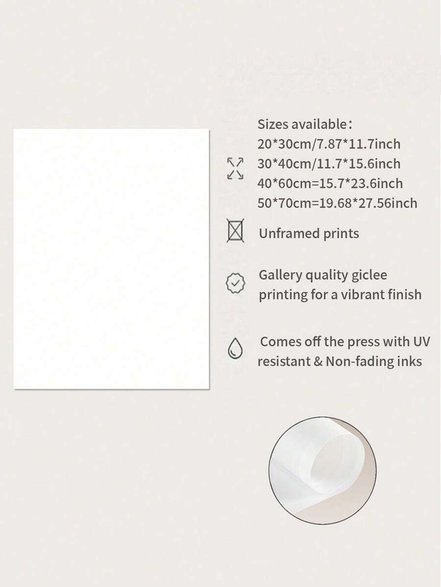 Product info graphic listing unframed print sizes giclee printing and UV resistant non-fading inks