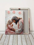 Jesus and child prayer artwork shown with canvas frame back view on light wood floor