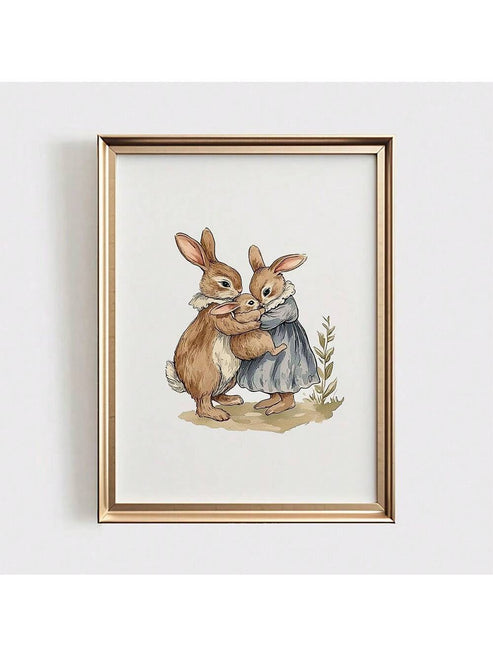 Three rabbits family canvas art retro nursery wall decor