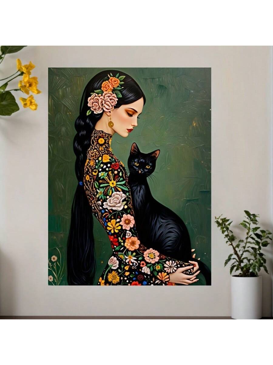 Add a touch of charm to your home décor with this beautiful framed canvas painting. Featuring a long-haired girl and her cat, this aesthetic wall art is the perfect addition to any room. Makes for a unique and thoughtful gift for any art lover.