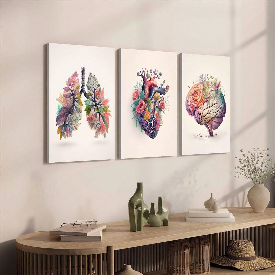 Add a touch of modern elegance to your home decor with our 3-piece anatomical art canvas set. Featuring beautiful floral accents, these canvases showcase the intricate details of the heart, brain, and lungs. Perfect for adding a stylish and educational element to any room.