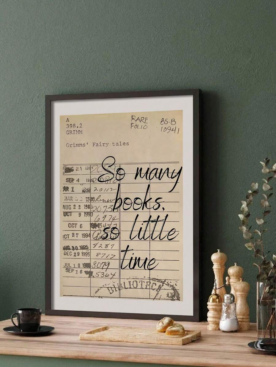 Dark framed vintage library quote print above a cozy kitchen counter