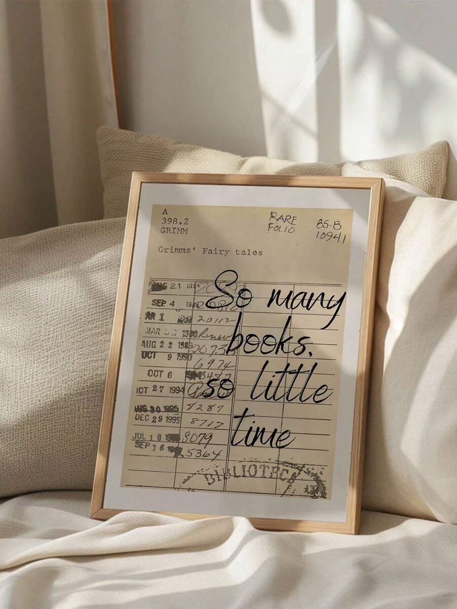 Vintage library card book quote print framed on a sunlit cream bed
