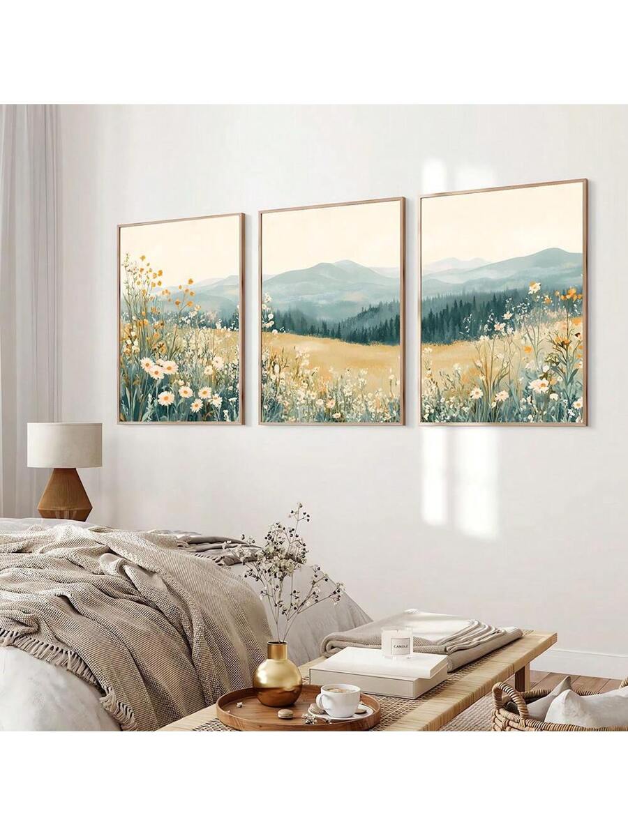 Mountain wall art triptych with misty peaks wildflower meadow and soft sage tones