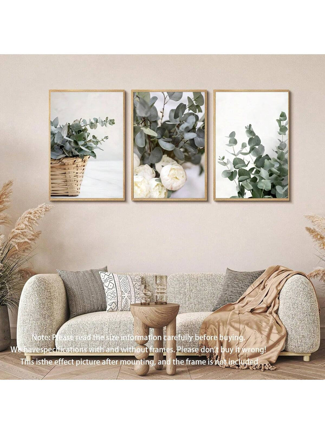 This elegant 3-piece canvas art set features delicate eucalyptus leaves in a serene sage green hue. Perfect for a modern home, this framed wall decoration adds a touch of sophistication to any room. Bring a calming and natural aesthetic to your space with this stunning canvas art set.