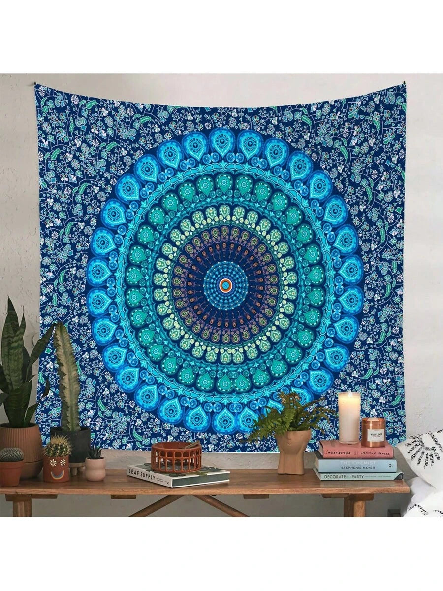 Woven fabric tapestry detail with multicolor mandala artwork