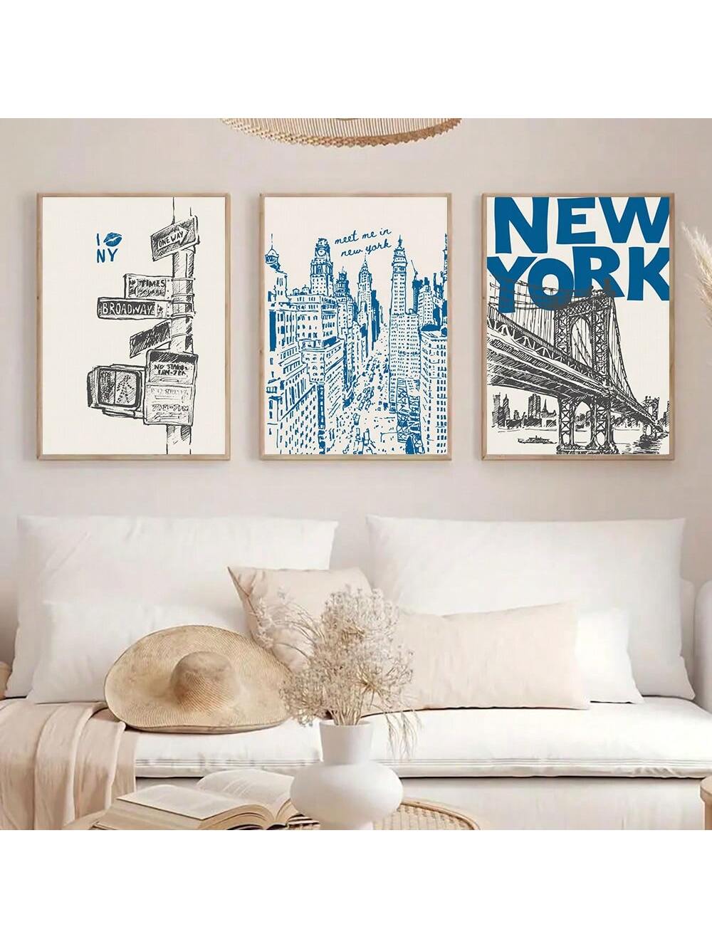 Enhance your living space with this set of three vintage New York City travel prints. Featuring elegant blue typographic designs, these artworks bring a timeless aesthetic that complements various interior styles. Perfect for home decor, each print highlights the iconic charm of NYC while adding subtle sophistication to your walls. Crafted to capture nostalgic appeal, this set is ideal for collectors and city lovers seeking refined visual interest in their environment
